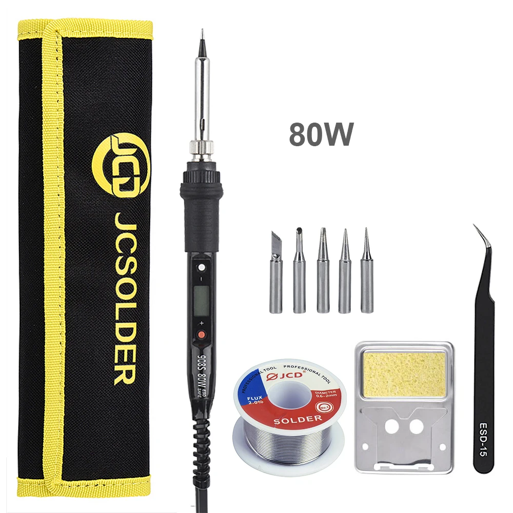 

JCD 80W Tin Soldering Iron Adjustable Temperature US/EU Plug Solder Iron Welding Rework Tool Ceramic Heater Solder Wire Tips