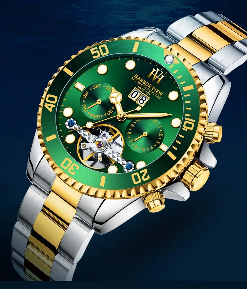 

Top Brand Tourbillon Green Water Ghost Watch Luminous Automatic Mechanical Watch Business Mens Wristwatch Waterproof Solid Strap