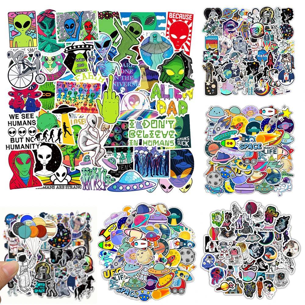 

50PCS Cool Outer Space Stickers Alien UFO Astronaut Rocket Ship Planet Sticker For Laptop Skateboard Luggage For Xiaomi/Mac/HP