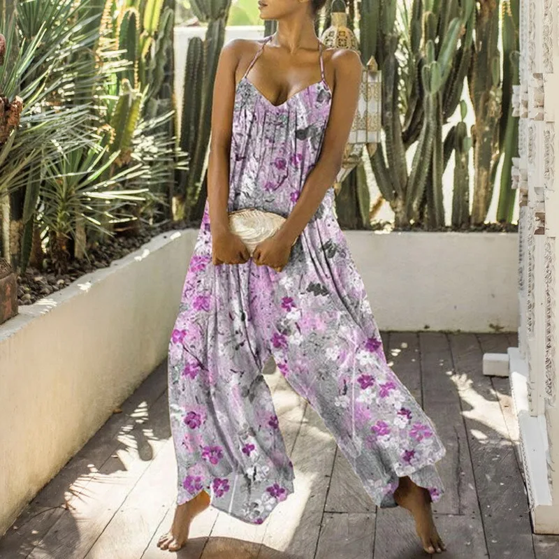 

Women Halter Bandage Backless Jumpsuits Loose Bohemian Style Long Wide Leg Overalls Summer Sleeveless Elegant Party Jumpsuit