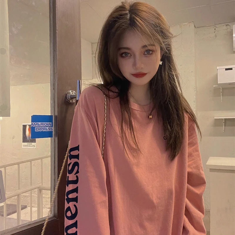 

T-shirt Loose Print Pink Long-sleeved T-shirt Women's New Spring and Summer Long Thin Sunscreen Top