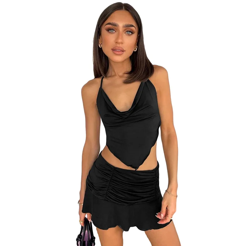 

Solid Color Sexy Summer Skirts Sets Backless Bandage Triangle Halter Top Ruched Mini Skirts Casual Skinny Clubwear Women Clothes