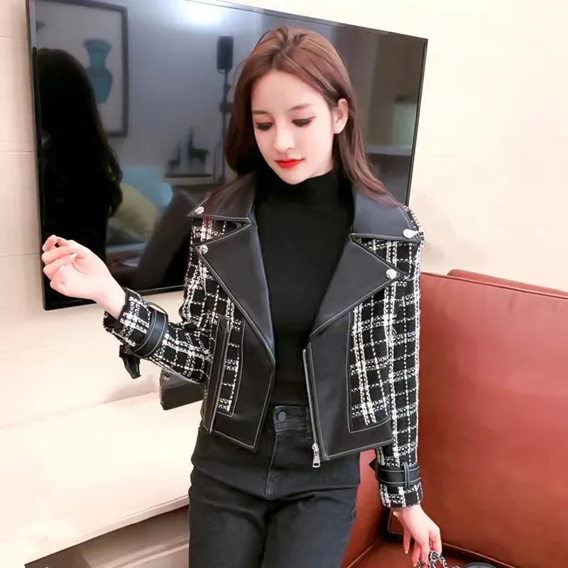 

Women's Blazers Jacket Spring Autumn 2021 New High-end Short Suit Patchwork Leather Coat Fashion Casual Zipper Short Jacket W18