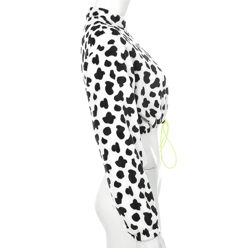 HEYounGIRL Cow Print Black White Crop Sweatshirt Women Casual Long Sleeve Pullover Hoodie Zipper Drawstring Autumn Winter Street