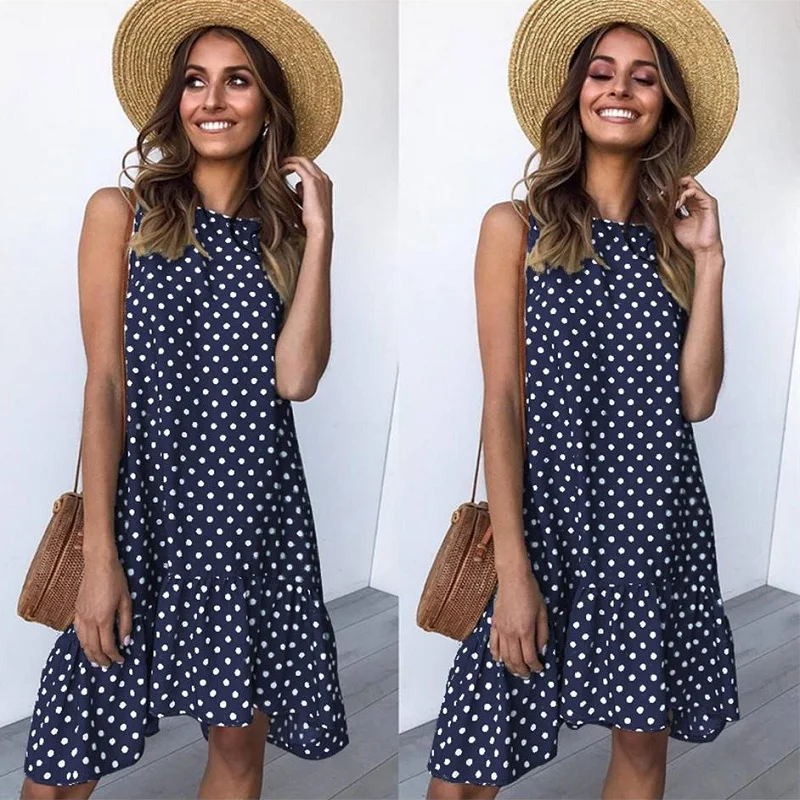 

Women Summer Dress Polka Dot Chiffon Sleeveless Beach Mini Casual Yellow Sundress 2021 Fashion Plus Size Dress For Women