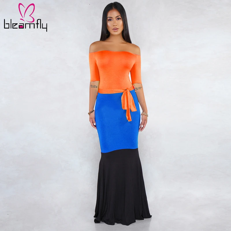 Сексуальное длинное платье макси с цветными блоками без бретелек Женская