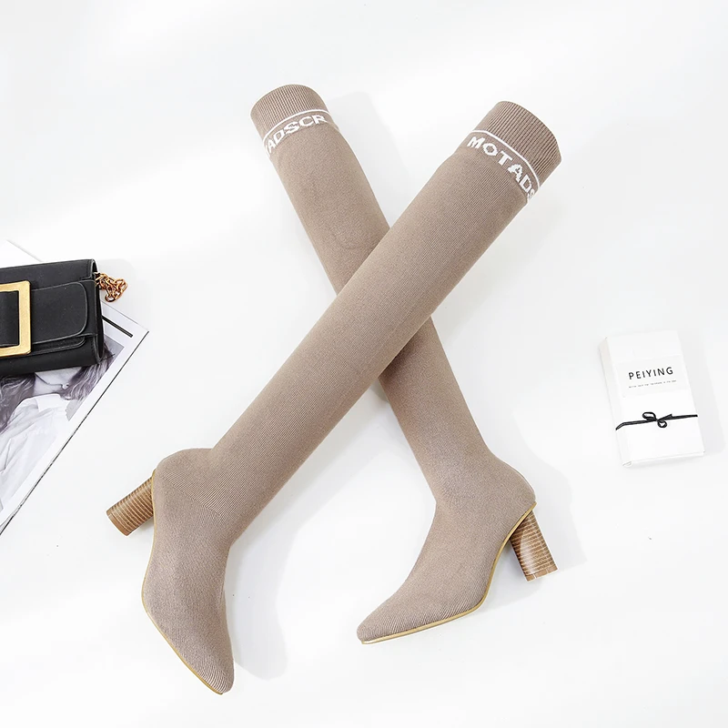 

Hjwsfdcai Stretch Slim Women Over The Knee Socks Boots Pointed Toe Fashion Chunky Heel Ladies Long Boots Sexy Plush Mujer Shoes