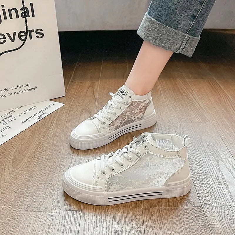 

2021 Women Lace PU Leather Shoes Ladies Sneakers Vulcanize Breathable Flat Mesh Sport Beach Fashion Soft Casual Zapatillas Mujer