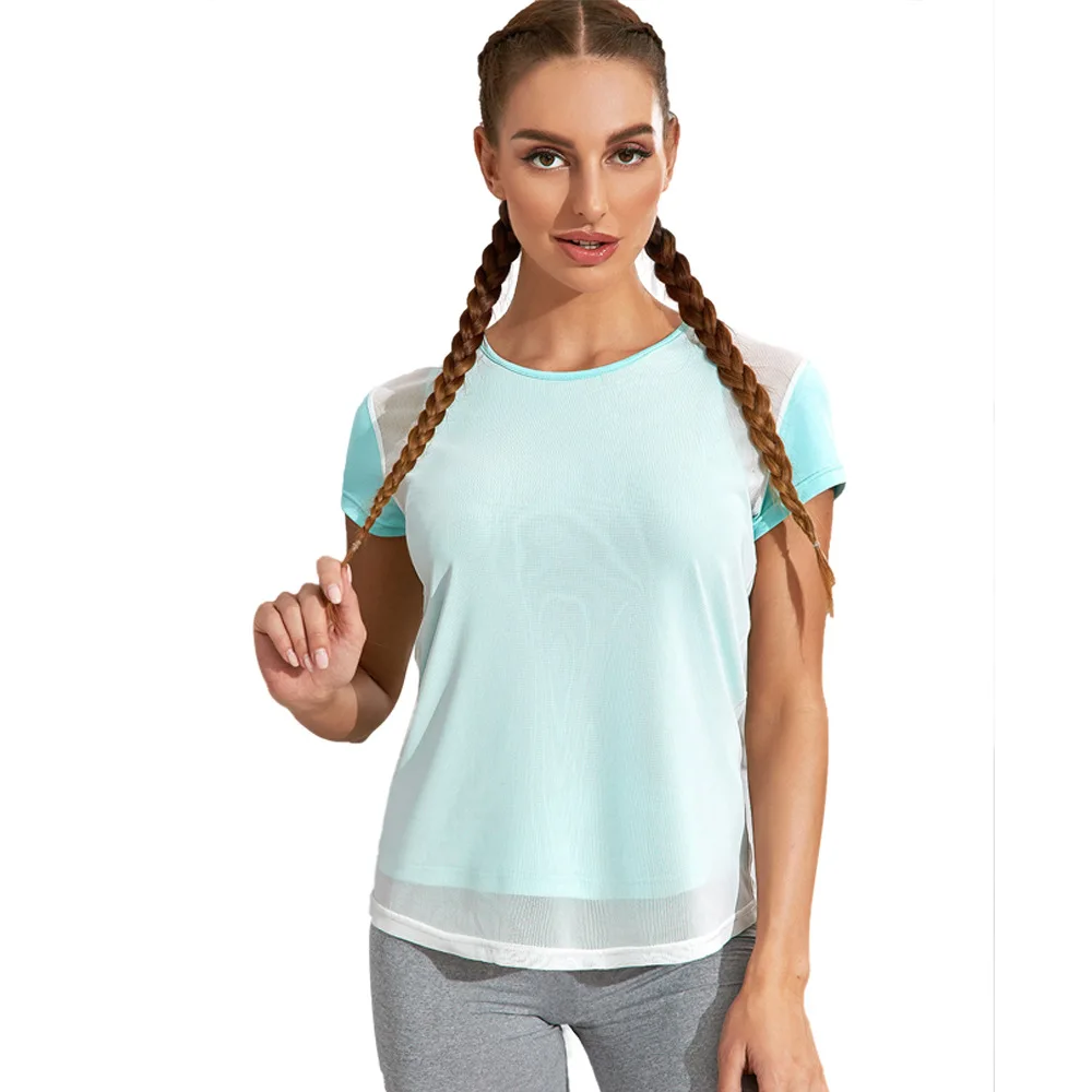 

Рубашка с коротким рукавом для йоги, приятная для кожи дышащая быстросохнущая тренировочная рубашка для фитнеса, спорта, с круглым вырезом, ...