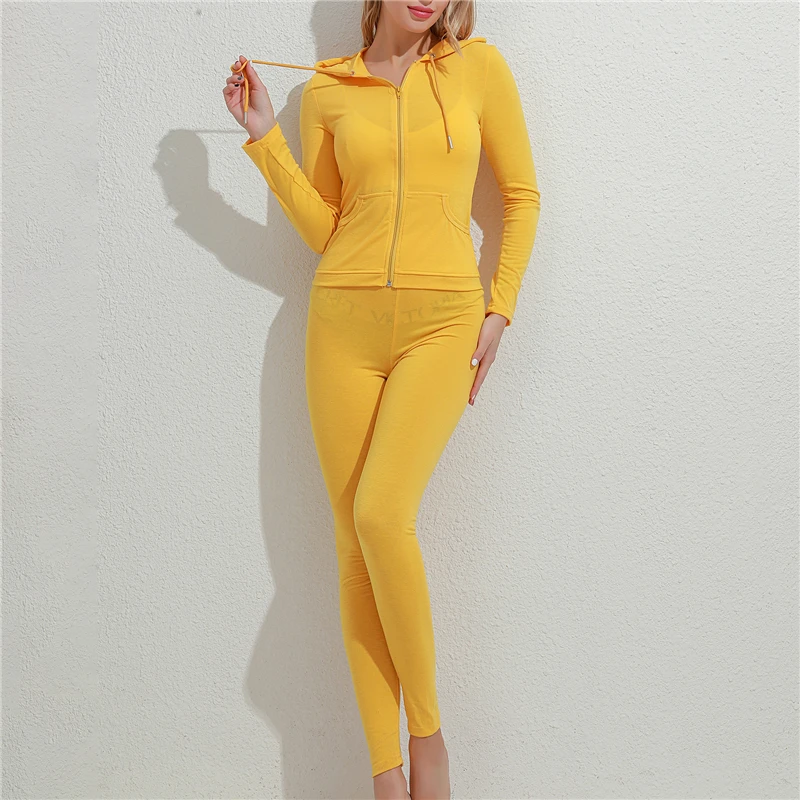 

Autumn Two Piece Set Women Long Sleeve Hooded Zipper Pocket Sporty Jackets+Leggings Matching Sets Workout Stretchy Outfits