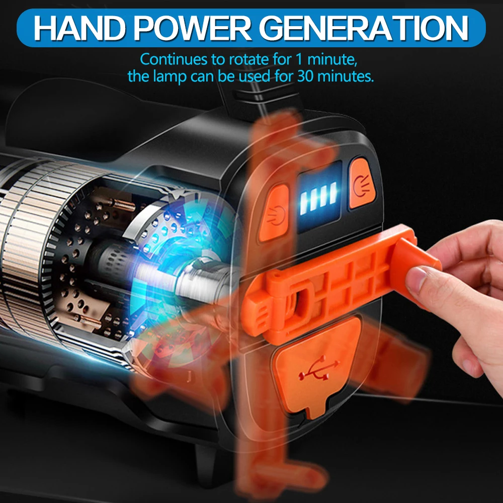 

100W Hand-Cranked Power Searchlight USB Rechargeable LED Work Light Waterproof Work Lamp 5000mAh Power Bank Emergency Light