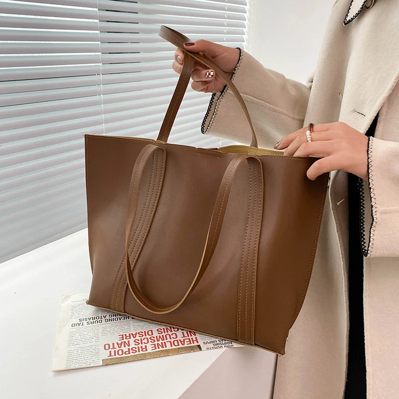 

Новая однотонная вместительная сумка-тоут, Студенческая Повседневная сумка через плечо для покупок