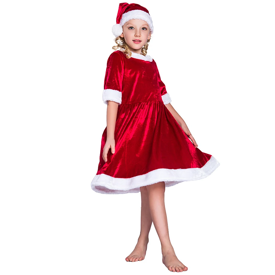 

2021 Girls Christmas Dress With Hat Girls Cotton Suit Red Dress+Hat 2pcs Christmas Set For Girls Christmas Wear Kids Xmas Gift