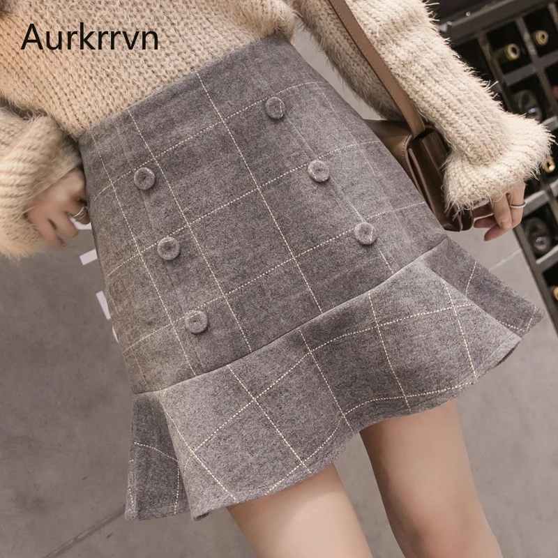 

Aurkrrvn Plaid Mermaid Short Skirts Woman Autumn Woolen Mini Skirts Female Fashion Elegant Winter Hight Waist Skirts for Women