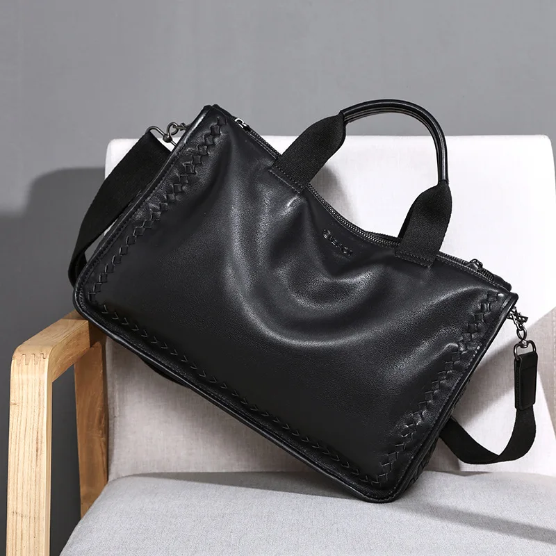 

2021 Genuine Leather Men Handbag Knitting Leisure Man Briefcase Soft Large Capacity Shoulder Bag Fashion Messenger Bag 45