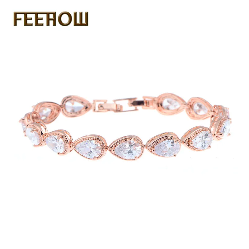 FEEHOW модные браслеты из розового золота с каплями воды кубический цирконий для