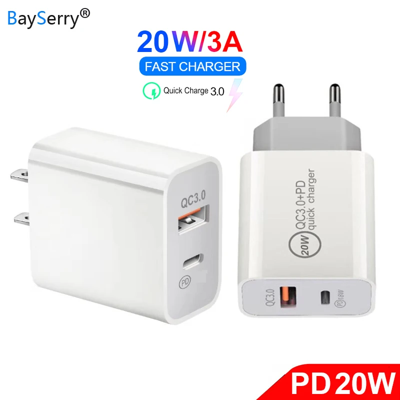 

BaySerry 20W USB Type-C PD3.0 Fast Charging 2-Port QC Quick Charger 5V 3A Mobile Charger Power Adapter for iPhone 12 11 Pro XR