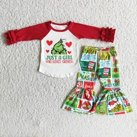 ready to ship red long sleeve raglan shirt match flare pants for kids christmas girls fashion outfit