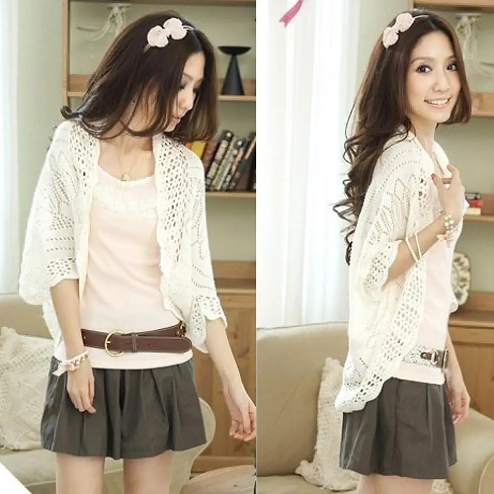 

Summer Lady Puff Sleeve Cardigan Knitted Hollow Top Sweater Casual Loose Outwear Coat