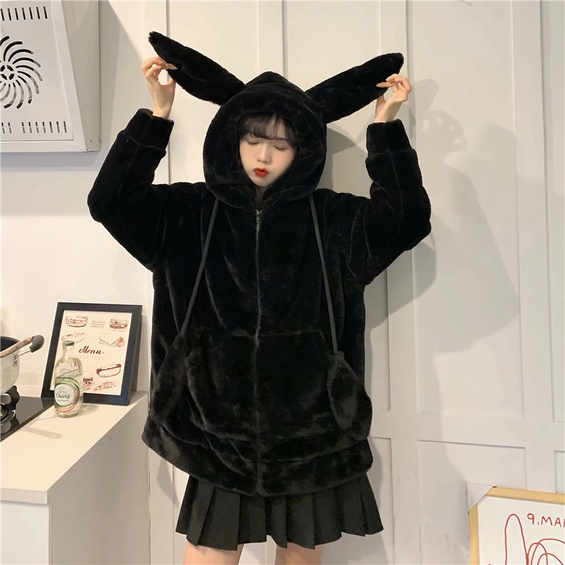 Kawaii Lolita Teddy Coat Girl Winter Cute Moving Bunny Ears Plush Hooded Zip Up Jacket Women Soft Girl Plus Thick Furry Outer