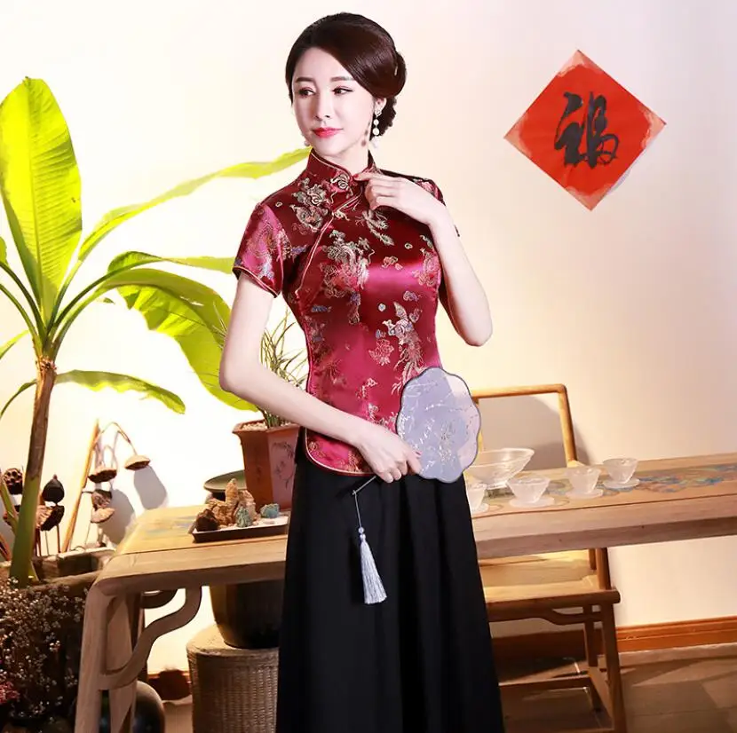 Элегантная атласная рубашка-Ципао топы китайская одежда повседневная женская