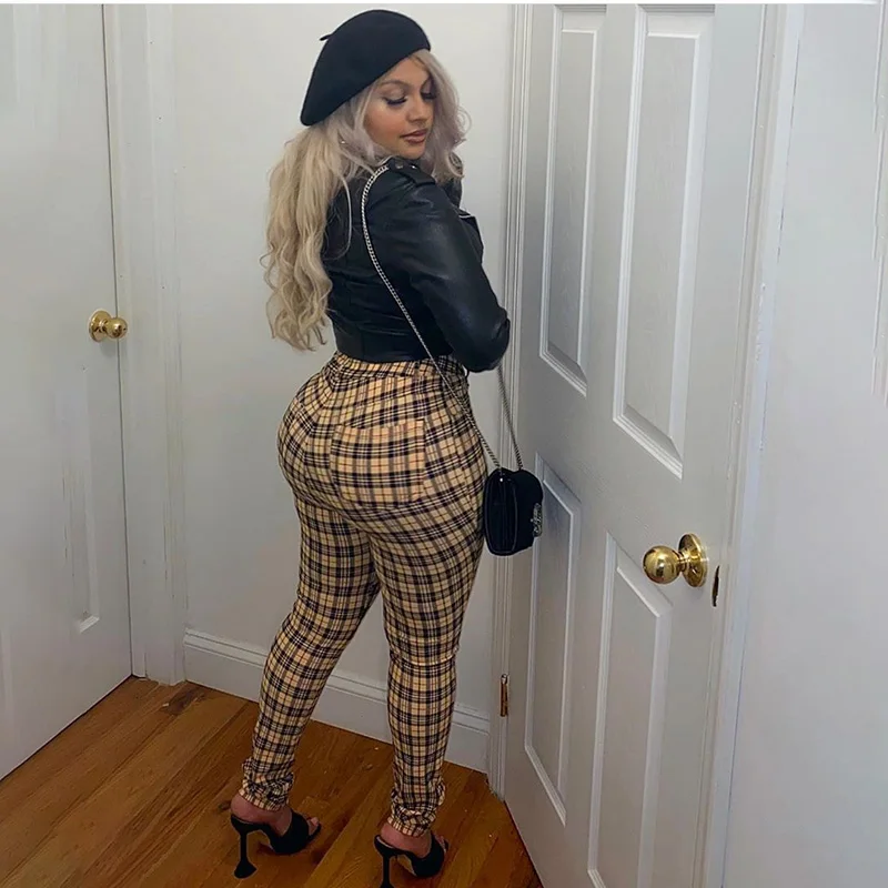 

WannaThis Women's Pants Autumn High Waist Plaid Full Length Pants Streetwear 2020 Fashion Casual Sexy Slim Trousers Pencil Pants