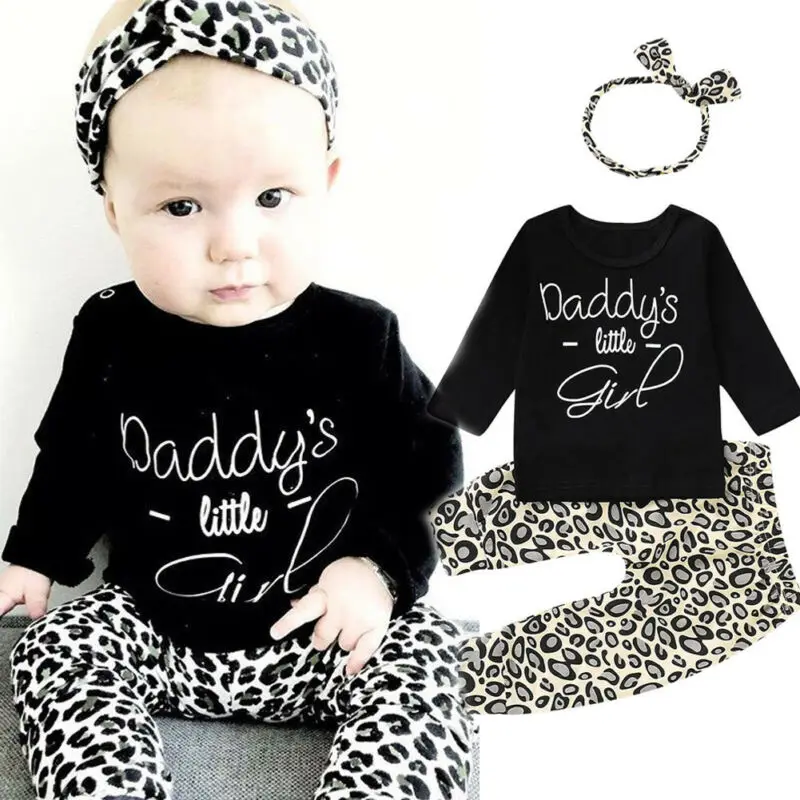 

3pcs Newborn Infant Baby Set Toddler Girl Leopard print Clothes Black Long Sleeve Tops + Pants + Headband Outfits Baby Clothing