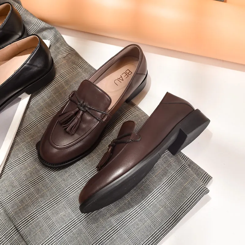 BeauToday/женские лоферы с кисточками Обувь из телячьей кожи на плоской подошве в