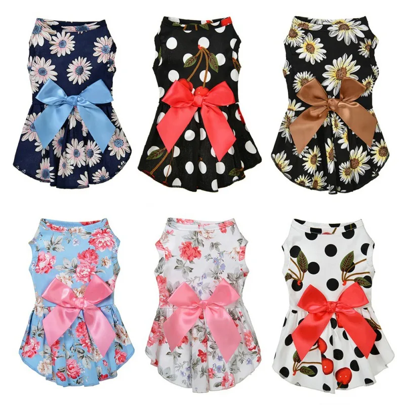 

Dog Cute Flower Dress Summer Pet Wedding Princess Dresses For Chihuahua Pug Puppy Dog Skirt with Bowknot Clothing Pet Outfits