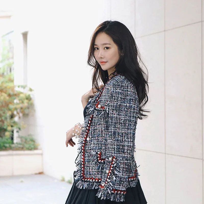 Женская твидовая куртка с бахромой и жемчугом подиумная в стиле пэчворк верхняя