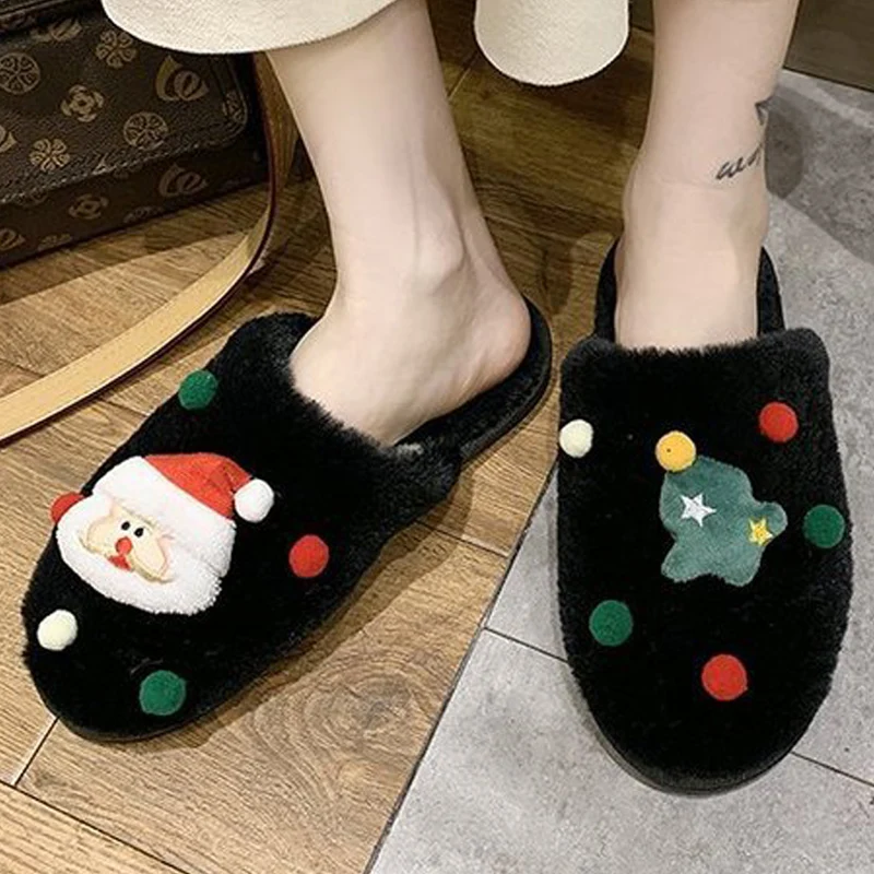 

Winter Home Christmas Furry Slippers Santa Claus Soft Plush Slipper Lovers Indoor Floor Warm Bedroom Flat Fur Shoes Gift Velvet