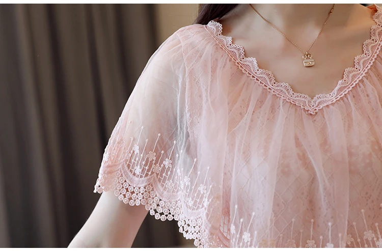 женские блузки кружевные ruff с коротким рукавом Новые фиолетовые весенние 2019