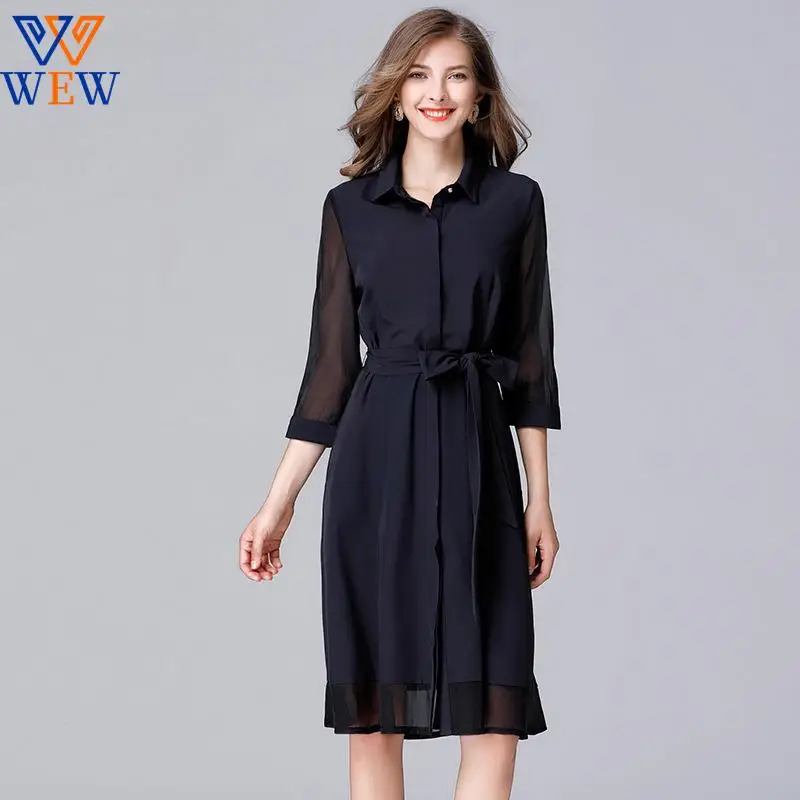 

2021 New Arrival autumn Casual Turn-down Collar Plus Size Publish Blue Sashes Petal Sleeve Chiffon Dress Women evening dresses