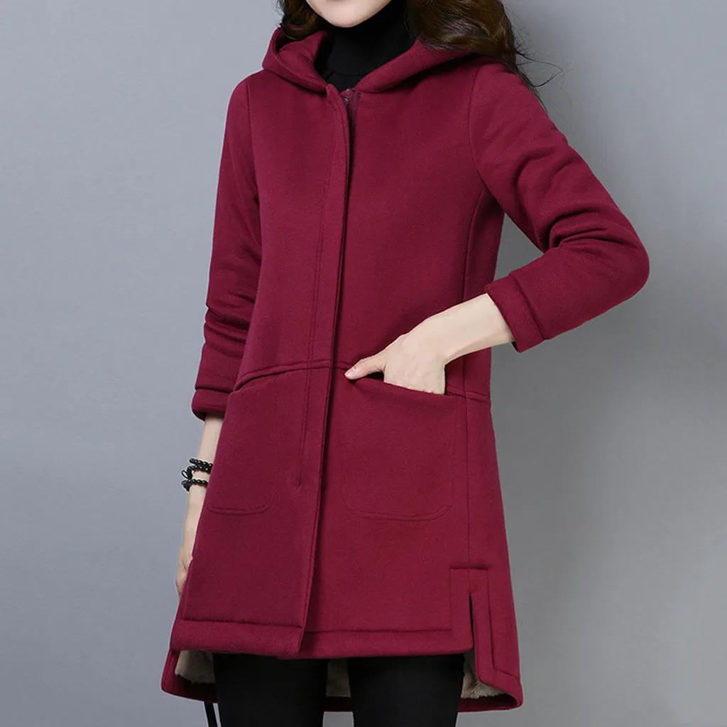Женское длинное пальто с капюшоном теплое плотное приталенное флисовой