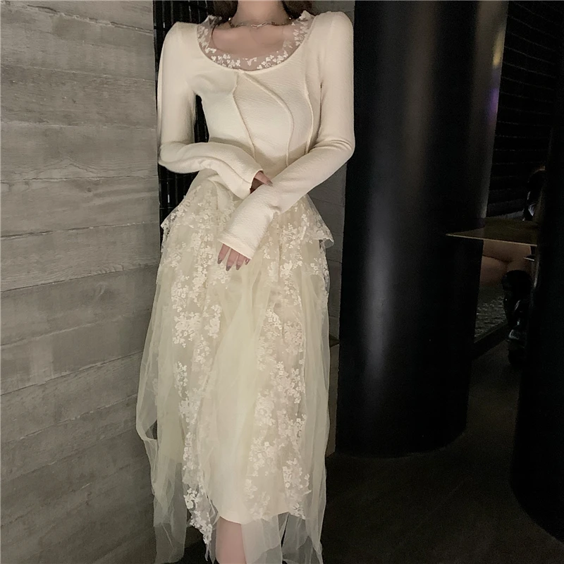 

Korean 2021 French Vintage Party Dress Female Spring Elegant Lace Dresses Women Casual Long Sleeve Slim Sweet One Piece Dresses