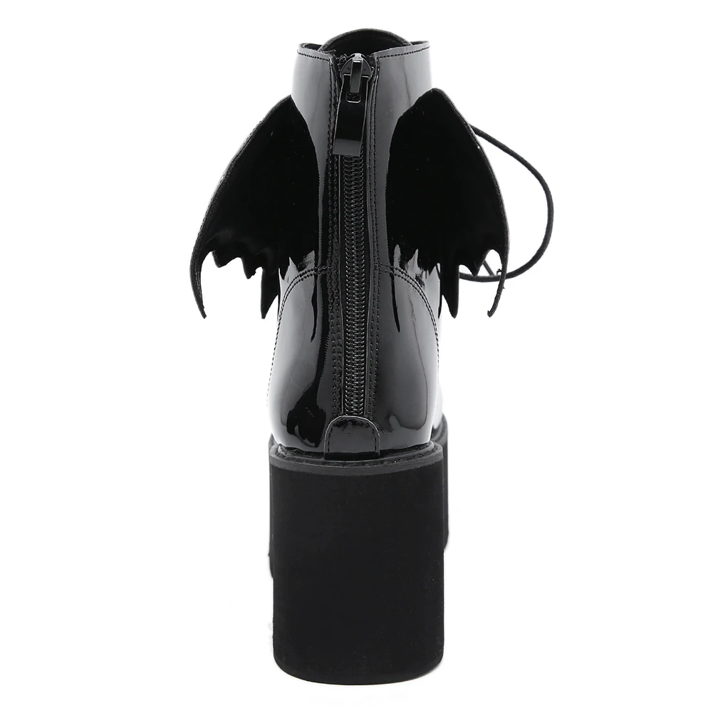 

BONJOMARISA 2021 Brand Platform Chunky Heel Bat Wing Lace Up Zipper Goth Black Punk Cool women's Boots Street Black Ankle Boots