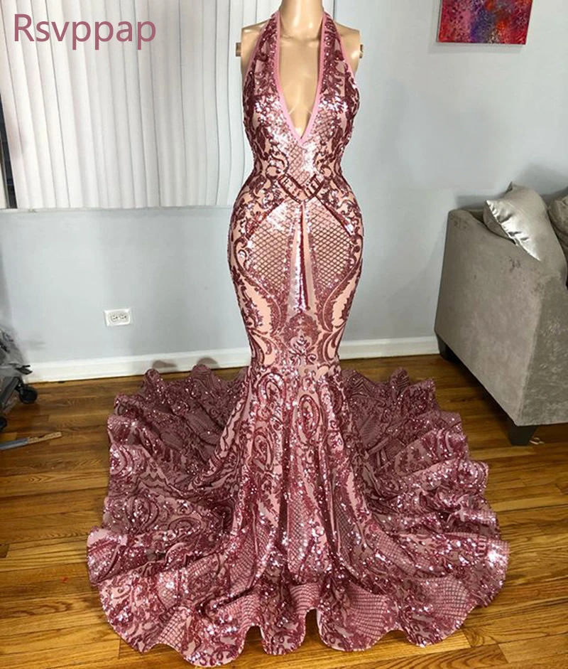 Sparkly Long Mermaid Prom Dresses 2020 Sexy Slim Rose Gold Sequined African Black Girls Party Dress For Women | Свадьбы и торжества