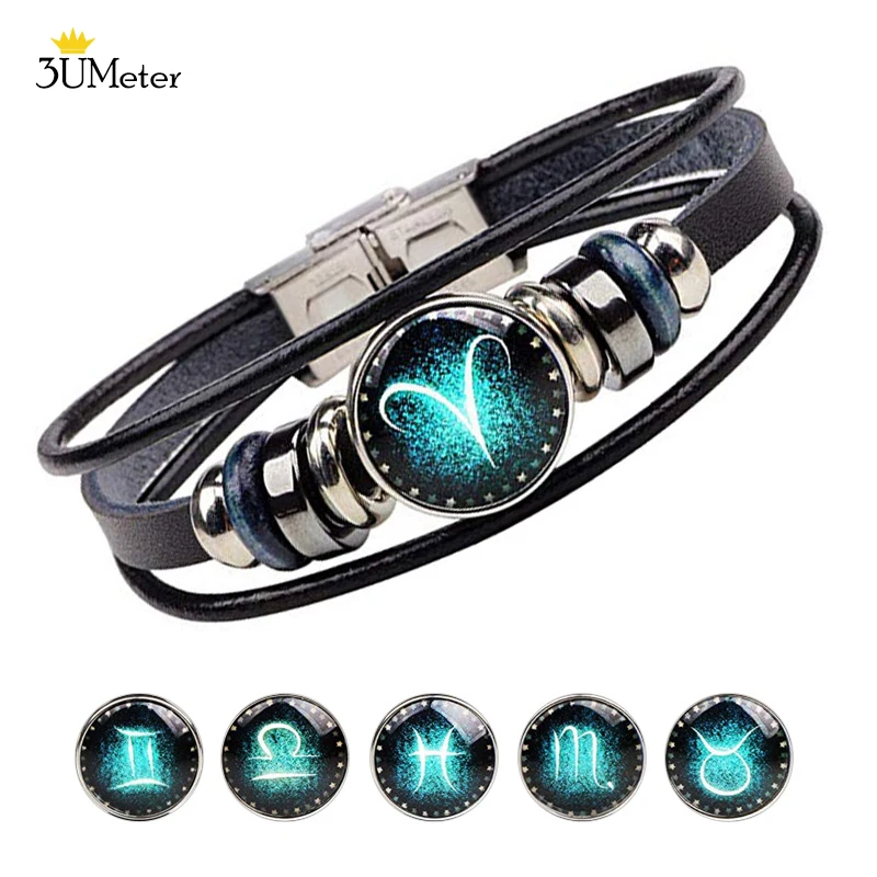 Модный многослойный браслет 12 знаков зодиака черный кожаный мужской с