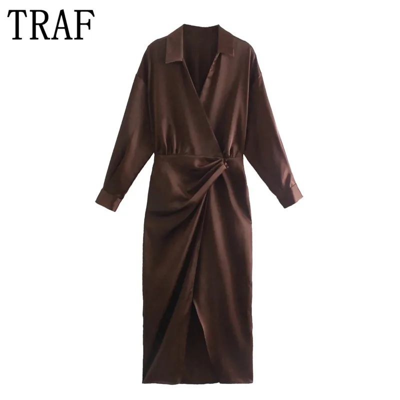 Атласное Платье-миди с длинным рукавом запахом | Женская одежда