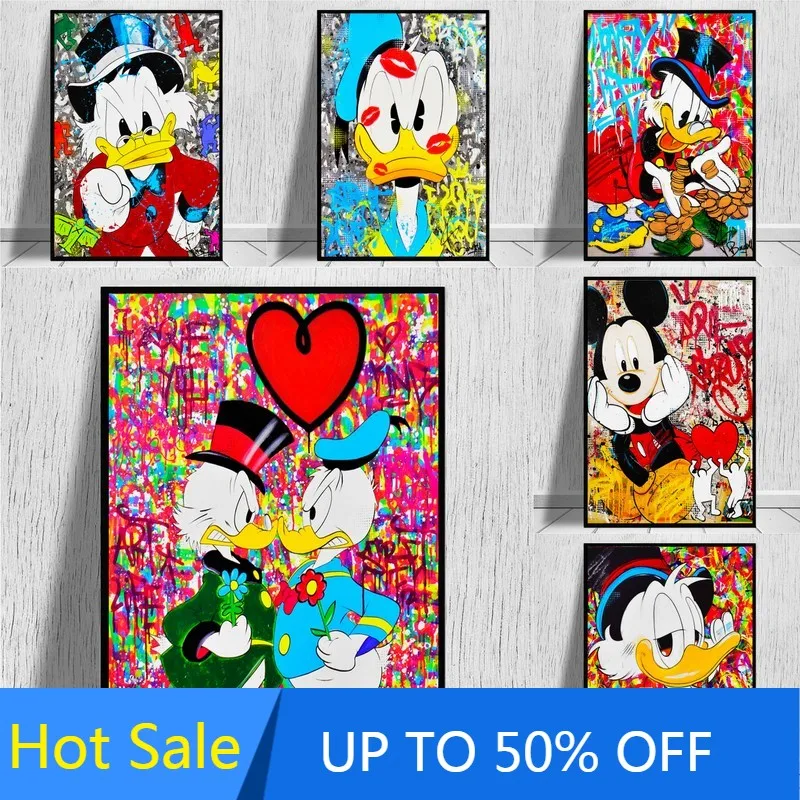 

Картина на холсте «диснеевские граффити», настенный постер с изображением Микки Мауса и Дональда Дак, домашний декор, украшение для гостино...