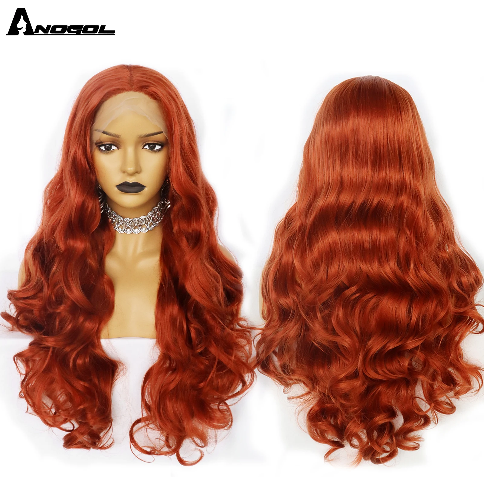 Anogol 13*1 Part Lace Front Wig High Temperature Fiber Orange Long Wave Copper Red Synthetic Lace Part Wig Hair For Women