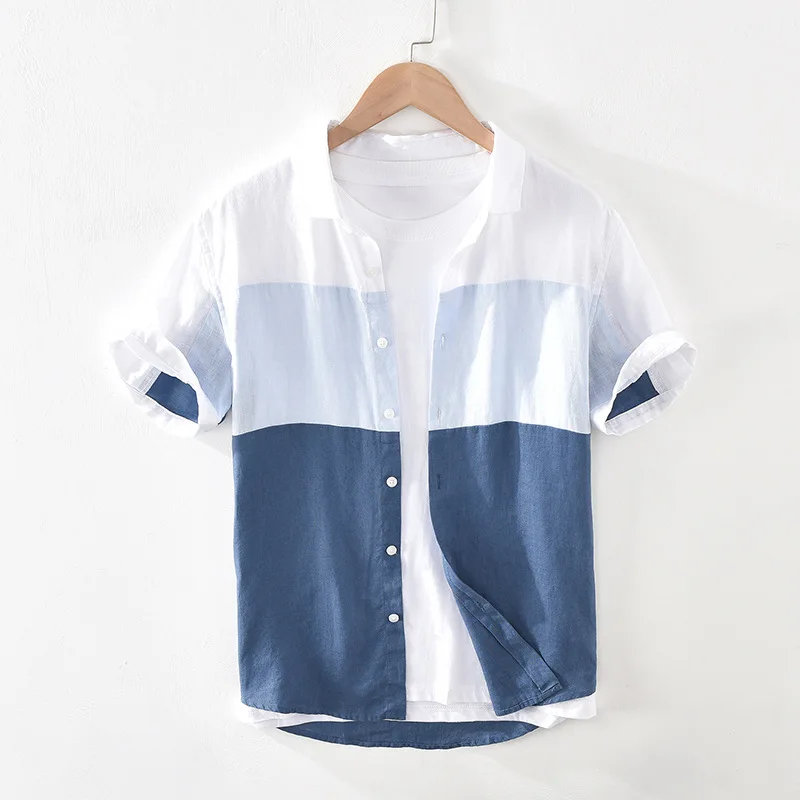 

Men Summer Fashion Japan Simple Harakuju High Quality 100% Linen Fabric Gradient Patchwork Short Sleeve Casual Slim Shirts