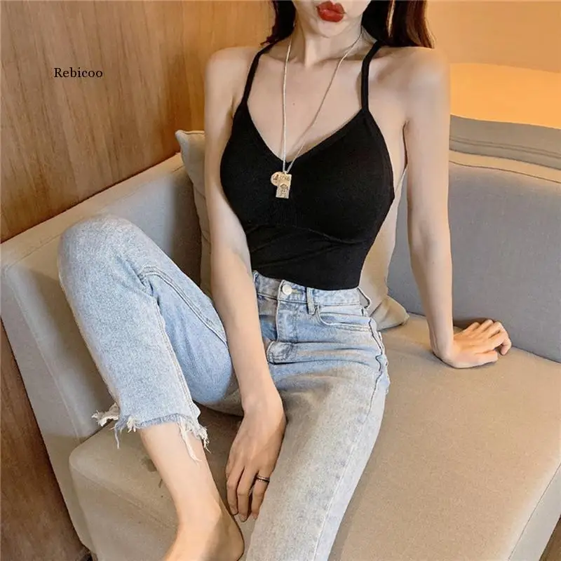 

Deep V Women Tanks Crop Tops Fashion Breathable Camisole Simple Elegant with Chrleisure Bottoming Underwear