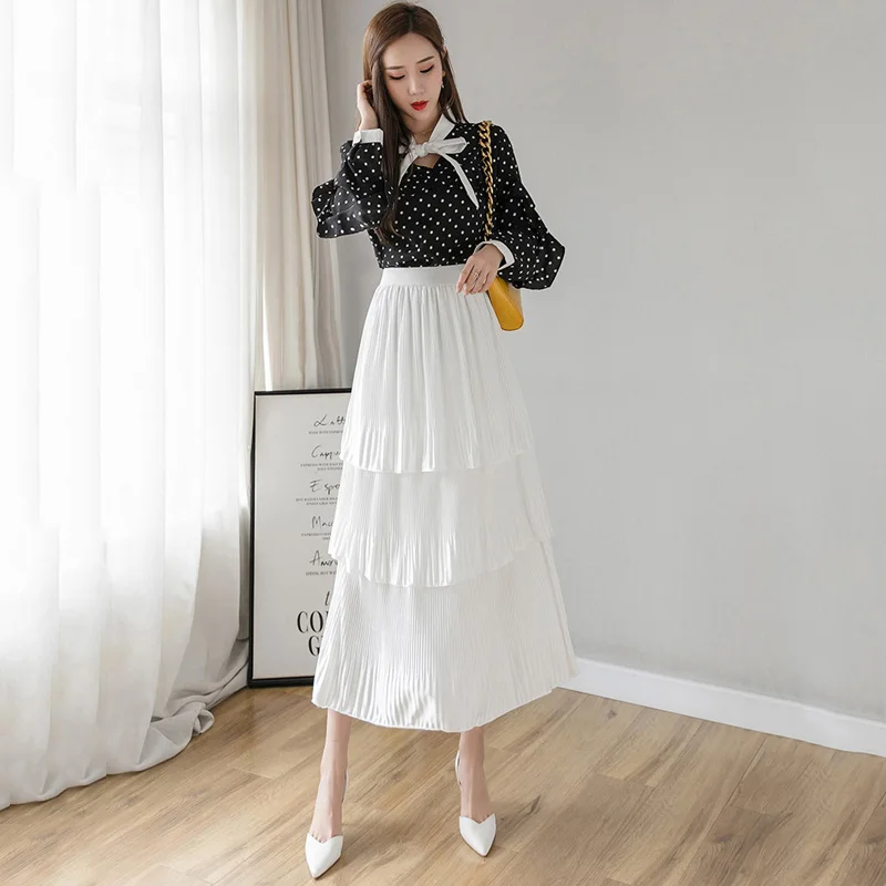 Fitaylor Summer Pleated Skirt Women Elastic Waist Ruffle Leaf Slim Elegant Pink Black Gary High Long | Женская одежда