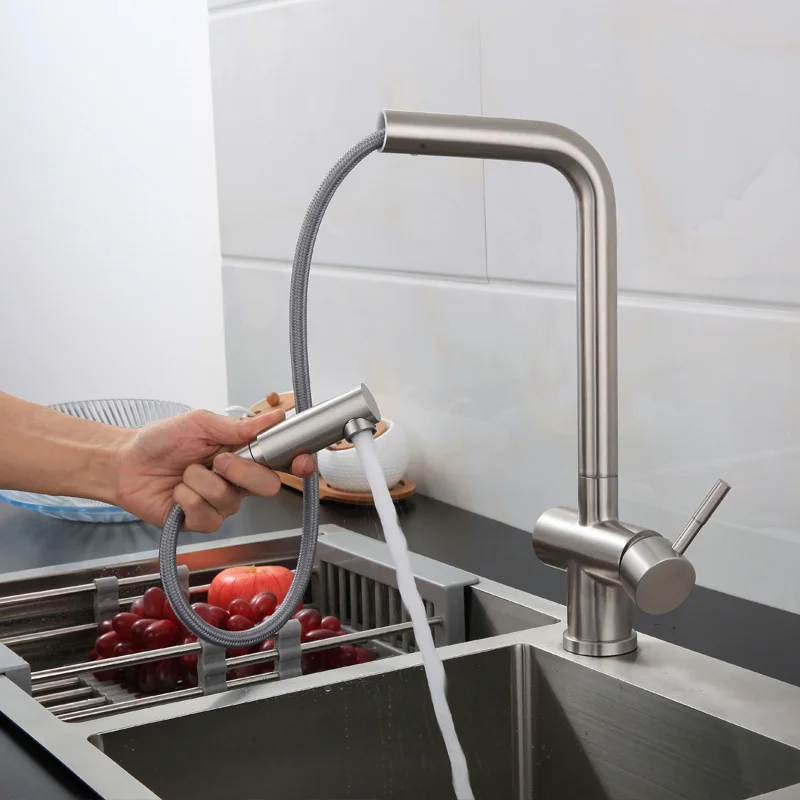 Смесители для кухни Серебряный выдвижной кухонный кран с одной ручкой