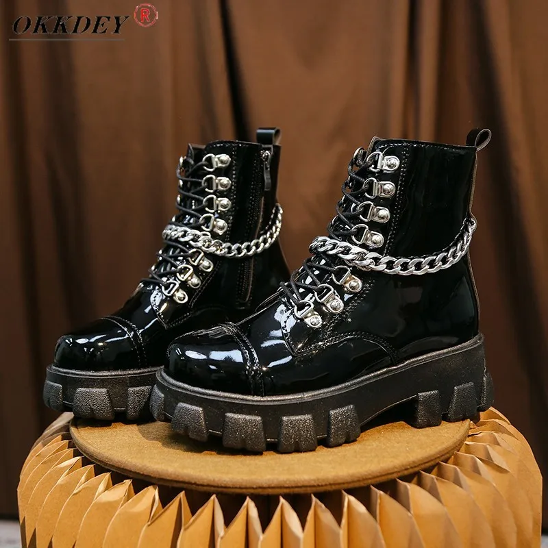 

OKKDEYWomen's 2021 new sexy chain women's leather autumn boots thick heel black fashion punk style high quality women's shoes
