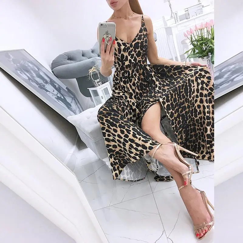 

2021 WOmen Sexy Sleeveless Split Party Dress Summer Casual Sweet V Neck Backless Long Dress Elegant Floral Print Leopard Dresses