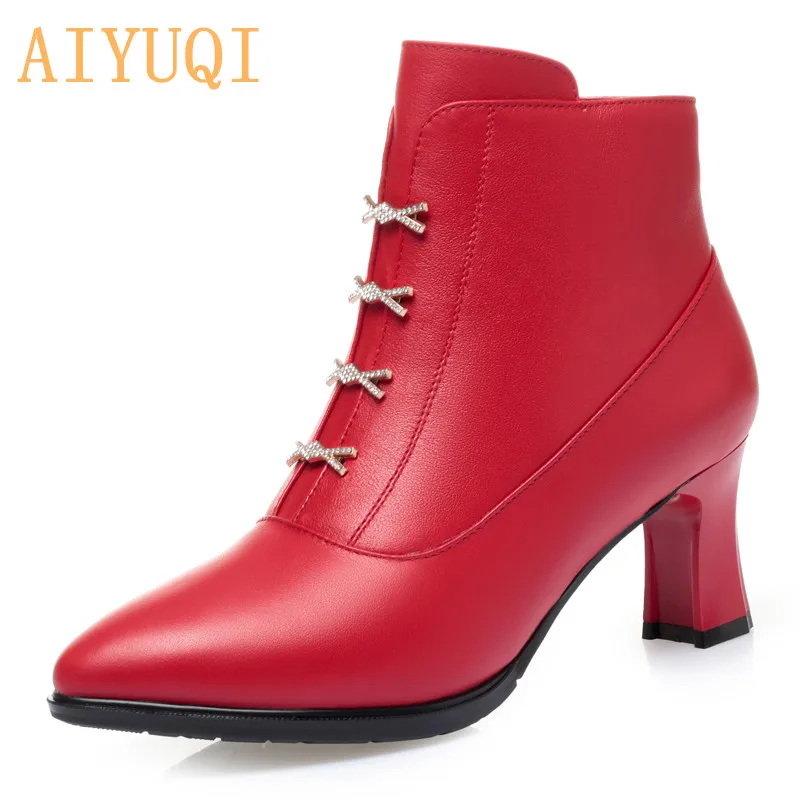 

AIYUQI Sexy High Heel Boots Women 2021 New Genuine Leather Shiny Red Women's Dress Boots Winter Ankle Boots For Women