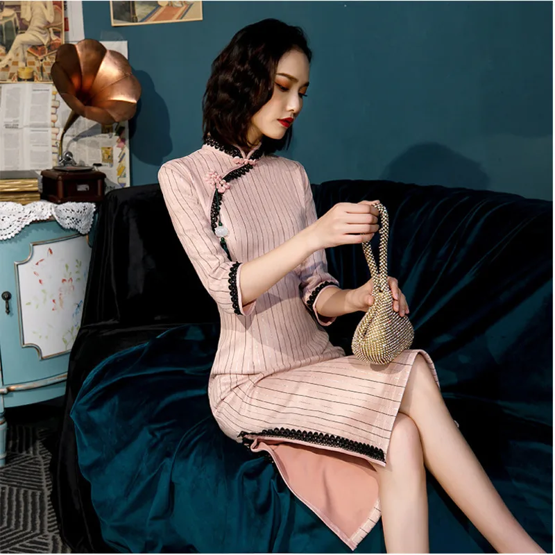 Sheng Coco Платья До Колена Qipao осенние Чонсам Qi Pao Женские китайские ретро семь с длинными рукавами таможенное платье Qipao