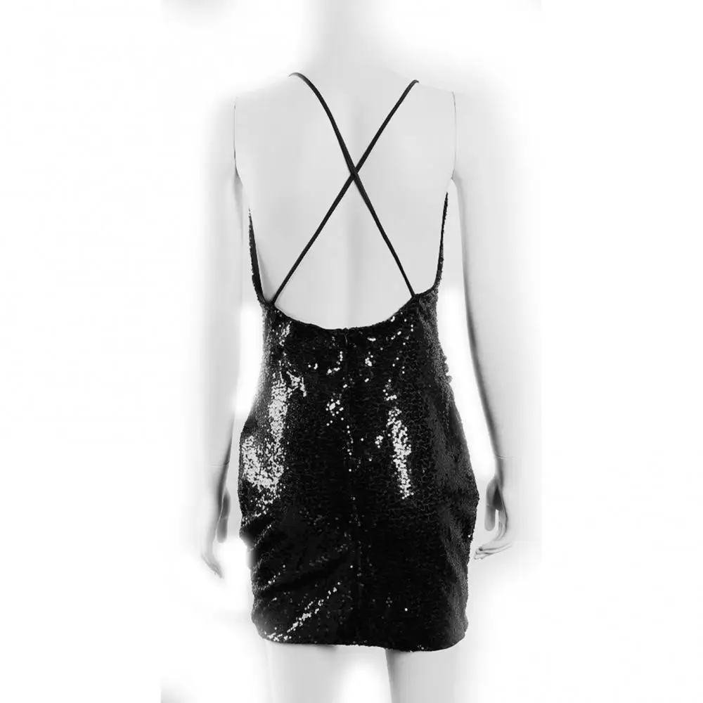 

2021 Bodycon Mini Dress Women Sexy Deep V Neck Shiny Sequins Irregular Hem Backless Dress For Club